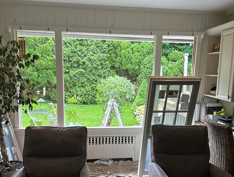 Interior picture of a combonation window in Fairfield, CT with the window removed during window installation